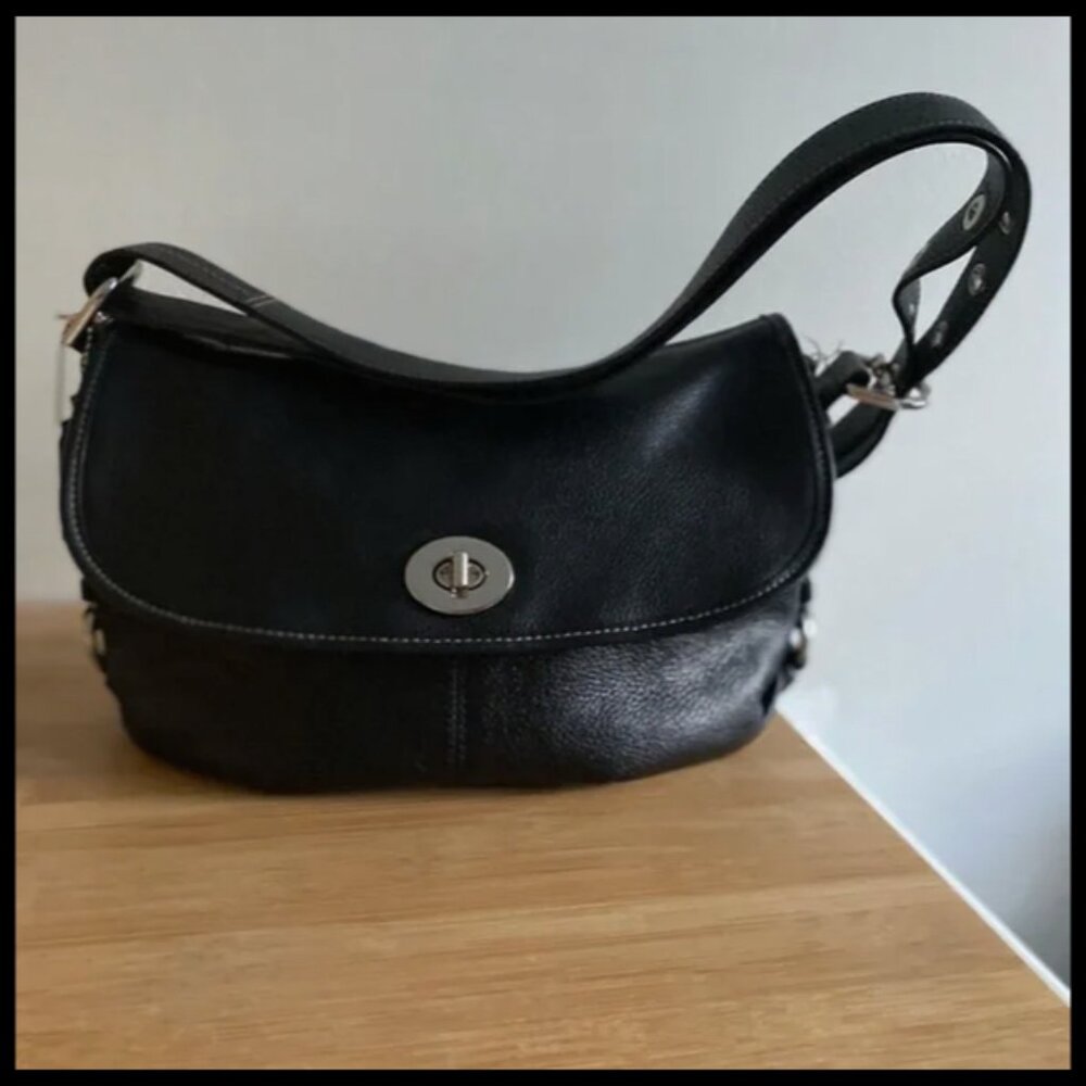 COACH Black Leather Flap Duffle 2-Way Turn Lock Shoulder Bag (Style F15170)